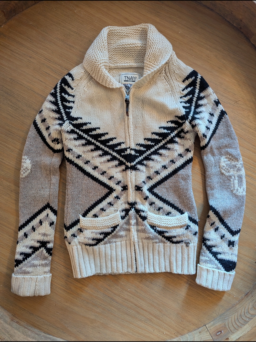 TNA Cream & Black Zip-Up Shawl Collar Sweater Cardigan